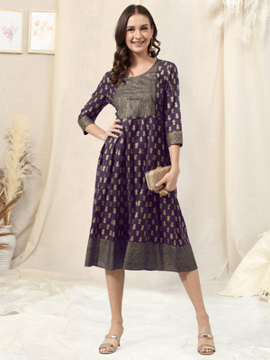 MIRCHI FASHION Women Printed A-line Kurta(Purple, Gold)