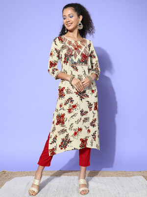 all about you Women Printed Straight Kurta(White)