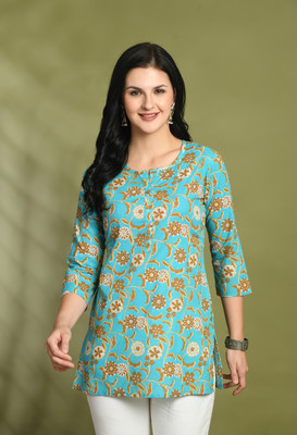 Feranoid Retail Women Floral Print Straight Kurta(Light Blue)
