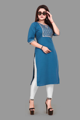 KURTIFABRIC Women Embroidered A-line Kurta(Blue)