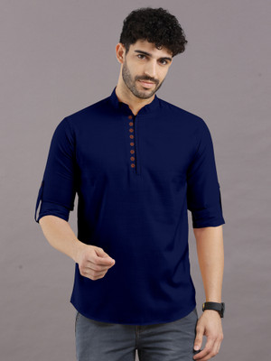 VTEXX Men Solid Straight Kurta(Dark Blue)