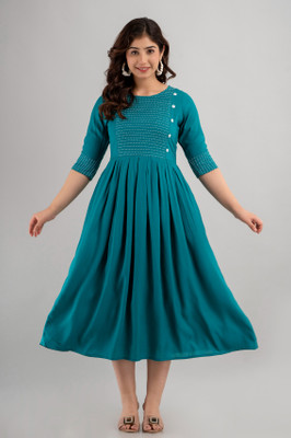 HouseOfCommon Women Solid Flared Kurta(Light Blue)