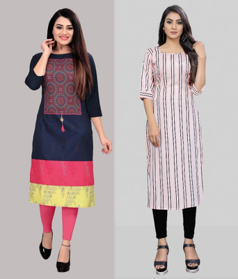 Hiral Creation Women Striped Straight Kurta(Dark Blue, White)