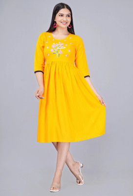 GULJAR FASHION Women Embroidered Flared Kurta(Yellow)