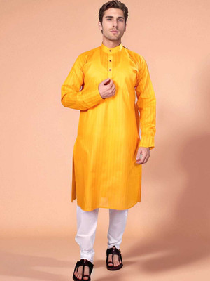SPTextileHub Men Self Design Straight Kurta(Yellow)