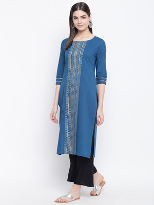 Stylum Women Printed Straight Kurta(Blue)