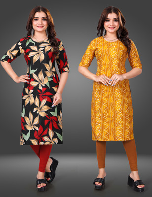 MOBHISA Women Printed Straight Kurta(Yellow)