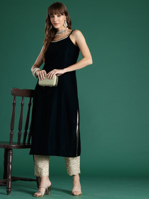 Indo Era Women Solid Straight Kurta(Dark Green)