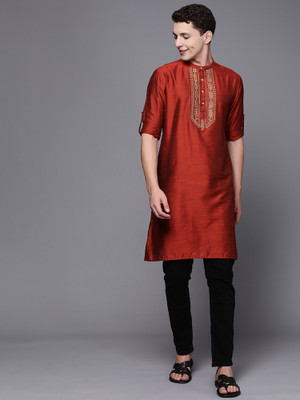 Indo Era Men Self Design Straight Kurta(Maroon)