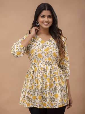 FERANOID Women Floral Print Flared Kurta(Yellow)