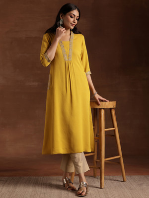 LIBAS Women Embroidered A-line Kurta(Yellow)
