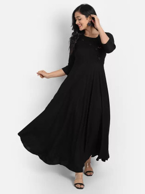 Puebell Women Solid Flared Kurta(Black)