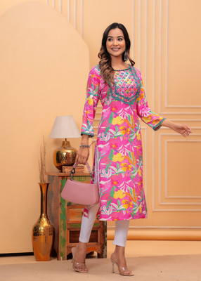 SR FAB Women Printed Straight Kurta(Pink)