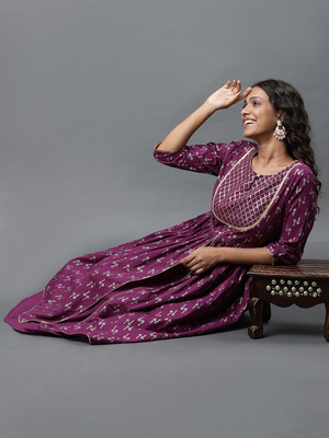 Aurelia Women Printed Flared Kurta(Purple)