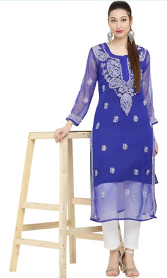 SMAfashion Women Chikan Embroidery Straight Kurta(Blue)