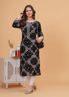 PURSHOTTAM WALA Women Floral Print Straight Kurta(Black)