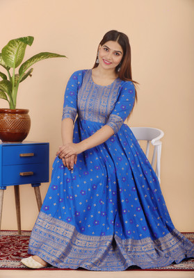 CHARVI CREATION Women Printed Anarkali Kurta(Dark Blue)