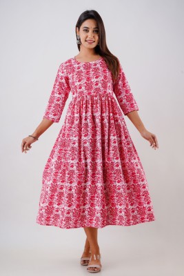 LYCHNIS Women Printed A-line Kurta(Pink)