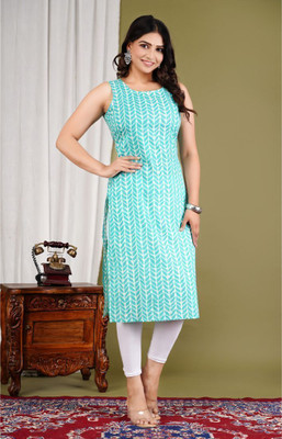 TQC Women Printed Straight Kurta(Blue)