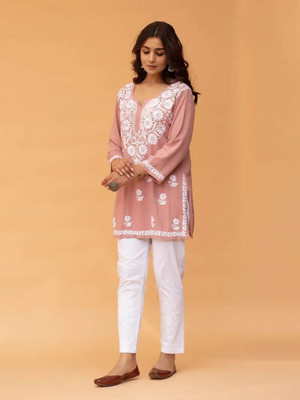 stylescope Women Embroidered Straight Kurta(Orange)