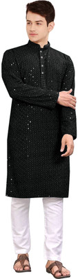 ZEDIN Men Embroidered Straight Kurta(Black)
