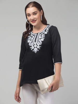 DIAMOND RUBY Women Embroidered Straight Kurta(Black)