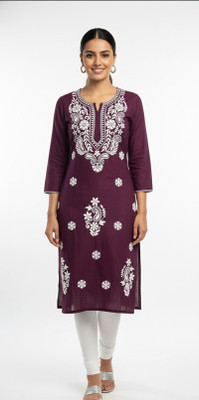 ChikankariArts Women Embroidered Straight Kurta(Purple)