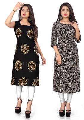 Modli 20 Fashion Women Floral Print, Printed Straight Kurta(Black)