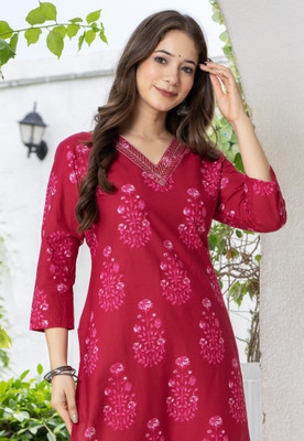 KJFAB Women Printed Straight Kurta(Red)