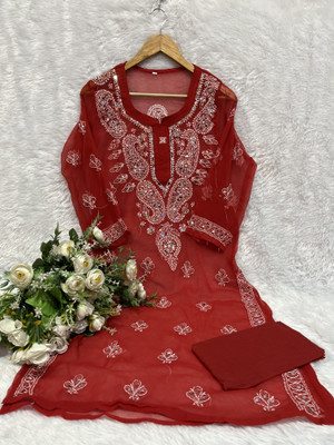 Chikankari Women Chikan Embroidery Straight Kurta(Maroon, White)