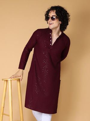 Namaskar Men Chikan Embroidery Straight Kurta(Brown)