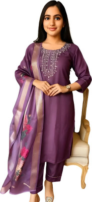Aksa Fashion Women Embroidered, Floral Print Straight Kurta(Purple)