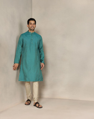 Fabindia Men Embroidered Straight Kurta(Blue)
