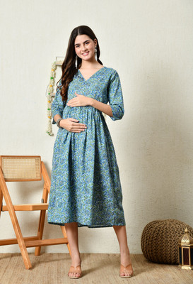 Silakiva Women Floral Print, Printed Gown Kurta(Light Blue, Light Green)