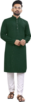 KriKan Men Chikan Embroidery A-line Kurta(Dark Green)