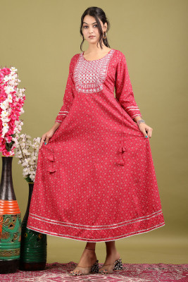 SHIN HIGH Women Printed Anarkali Kurta(Red)