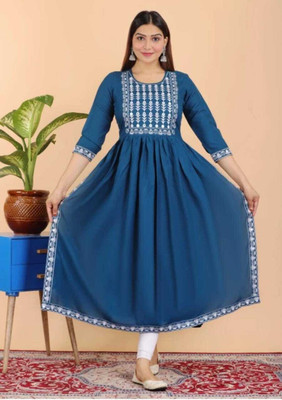 SORTHIYA GROUP Women Embroidered Trail Cut Kurta(Light Blue)