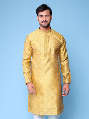 Aurik Men Printed Straight Kurta(Orange)