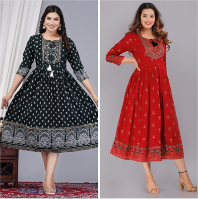 JOJO Enterprises Women Printed Anarkali Kurta(Dark Green, Red)