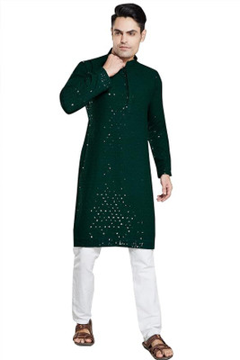 StyleVault Men Chikan Embroidery A-line Kurta(Green)