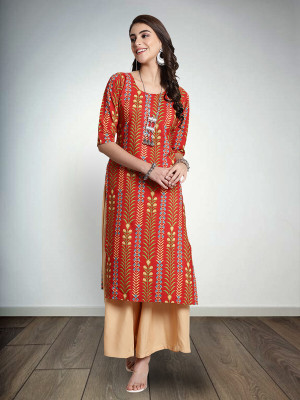 1 Stop Fashion Women Printed Straight Kurta(Orange)