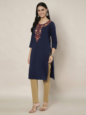 Trend Level Women Embroidered Straight Kurta(Dark Blue)