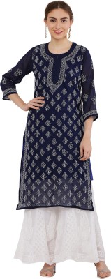 FAWOMENT Women Chikan Embroidery Straight Kurta(Dark Blue)