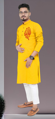 M Biswas Men Printed Straight Kurta(Yellow)