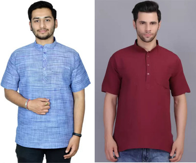 isdfabric Men Self Design Straight Kurta(Maroon, Blue)
