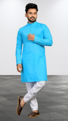 M Biswas Men Solid A-line Kurta(Light Blue)