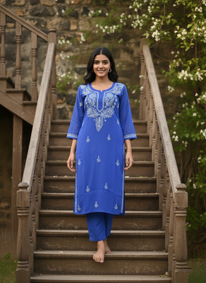 BANSII DHUN Women Embroidered Straight Kurta(Blue)