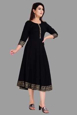 queen Consort Women Solid, Printed Anarkali Kurta(Black)