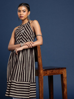Taavi Women Striped A-line Kurta(Black)