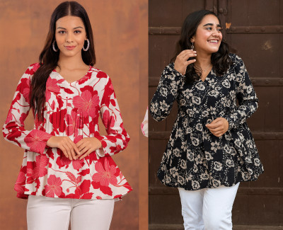 CLANGER Women Floral Print Flared Kurta(Red)
